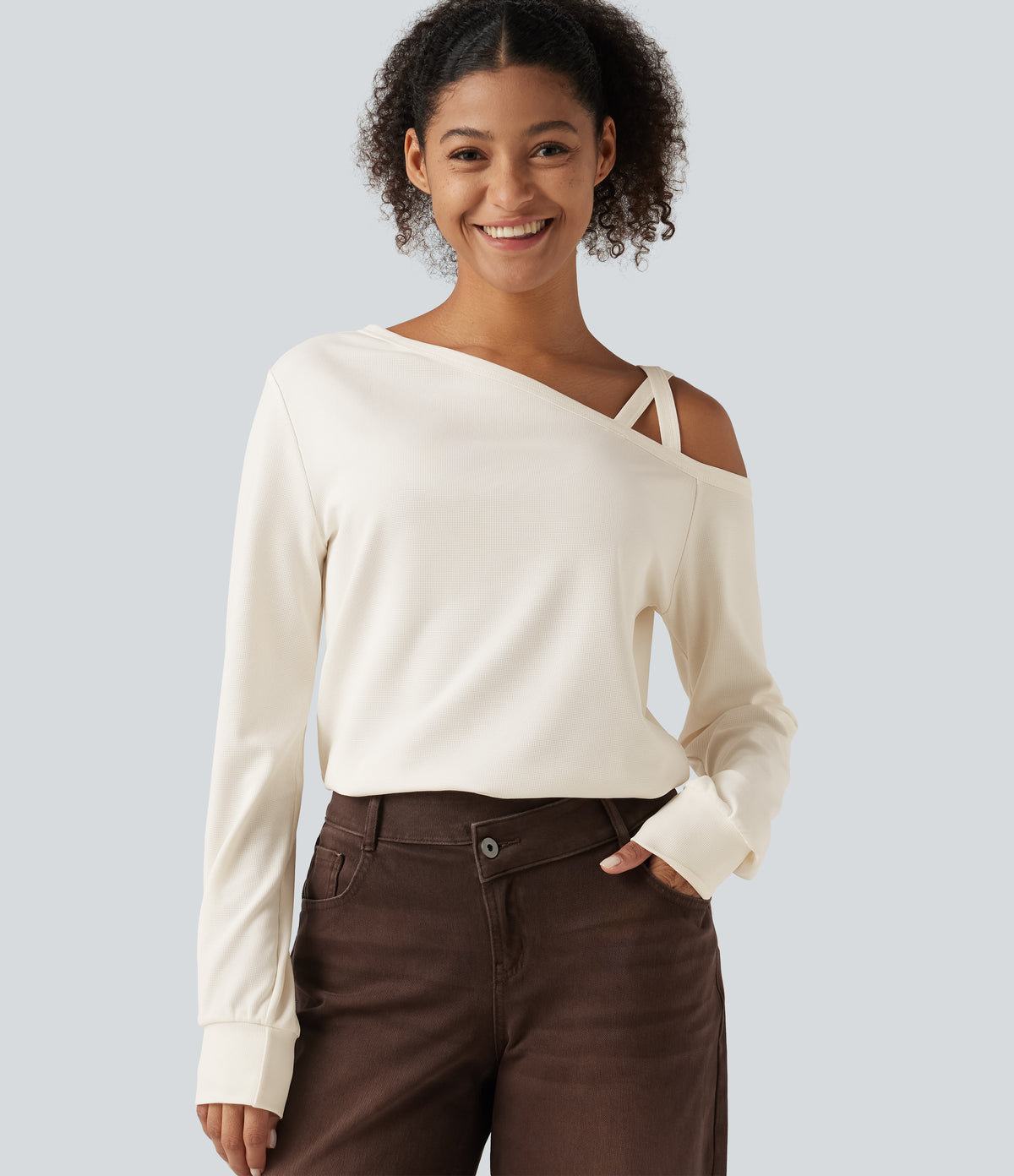 One Shoulder Long Sleeve Crossover Waffle Casual Top — Egret — view 1
