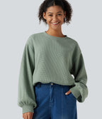 Round Neck Dropped Puff Long Sleeve Waffle Casual Top — Delicate Green — view 1