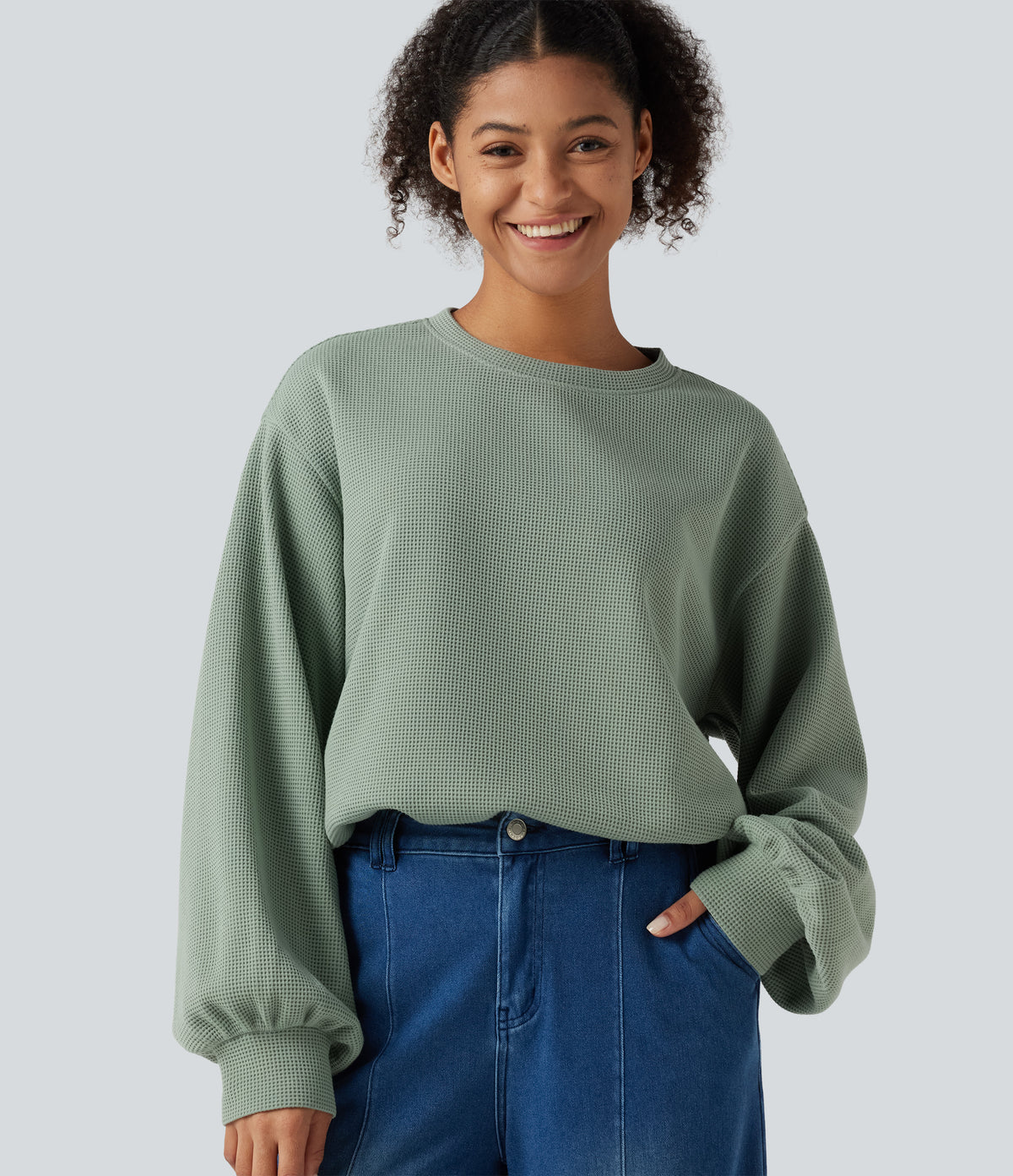 Round Neck Dropped Puff Long Sleeve Waffle Casual Top — Delicate Green — view 1