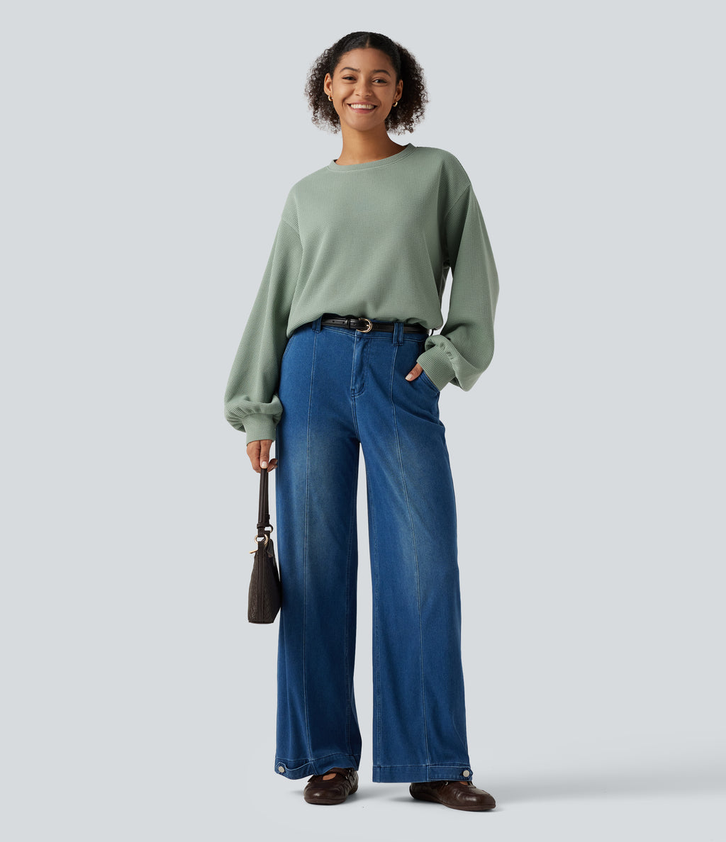 Round Neck Dropped Puff Long Sleeve Waffle Casual Top — Delicate Green — view 6
