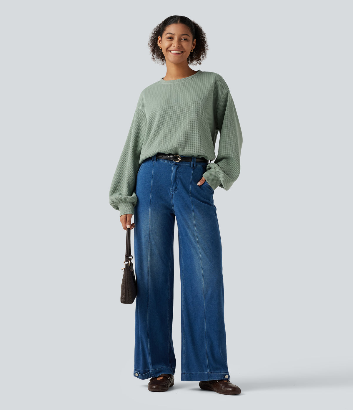 Round Neck Dropped Puff Long Sleeve Waffle Casual Top — Delicate Green — view 6