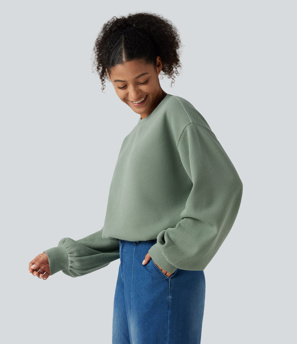 Round Neck Dropped Puff Long Sleeve Waffle Casual Top — Delicate Green — view 3