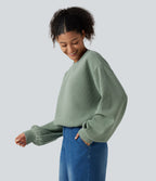 Round Neck Dropped Puff Long Sleeve Waffle Casual Top — Delicate Green — view 3