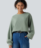 Round Neck Dropped Puff Long Sleeve Waffle Casual Top — Delicate Green — view 5