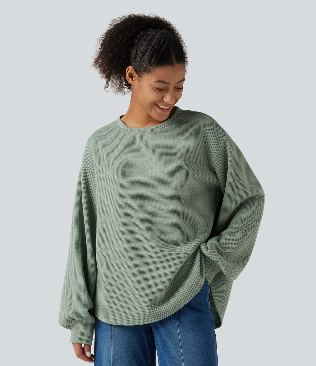 Round Neck Dropped Puff Long Sleeve Waffle Casual Top — Delicate Green — view 4