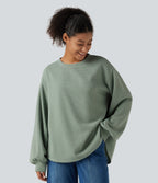 Round Neck Dropped Puff Long Sleeve Waffle Casual Top — Delicate Green — view 4