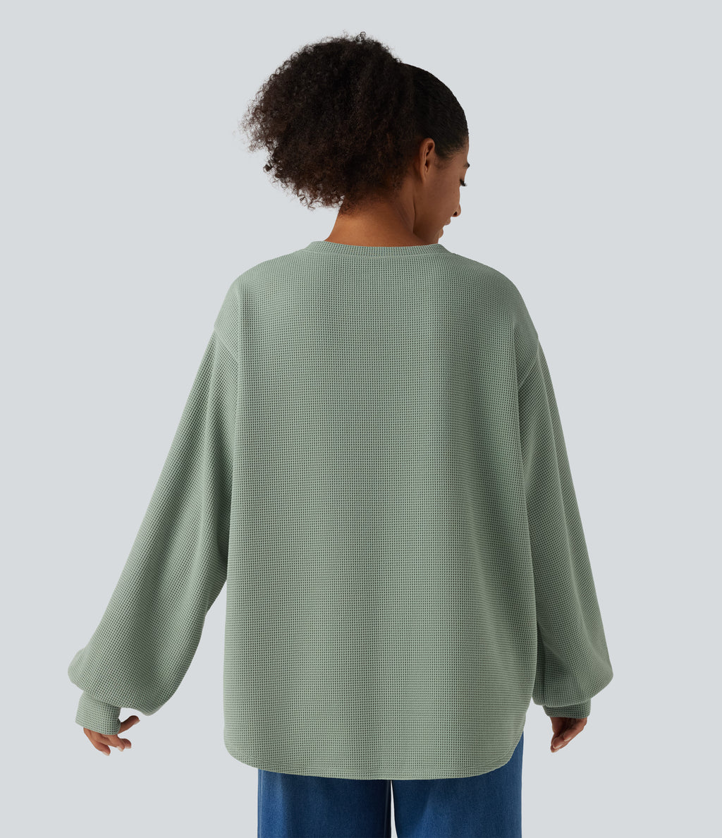 Round Neck Dropped Puff Long Sleeve Waffle Casual Top — Delicate Green — view 2