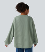 Round Neck Dropped Puff Long Sleeve Waffle Casual Top — Delicate Green — view 2
