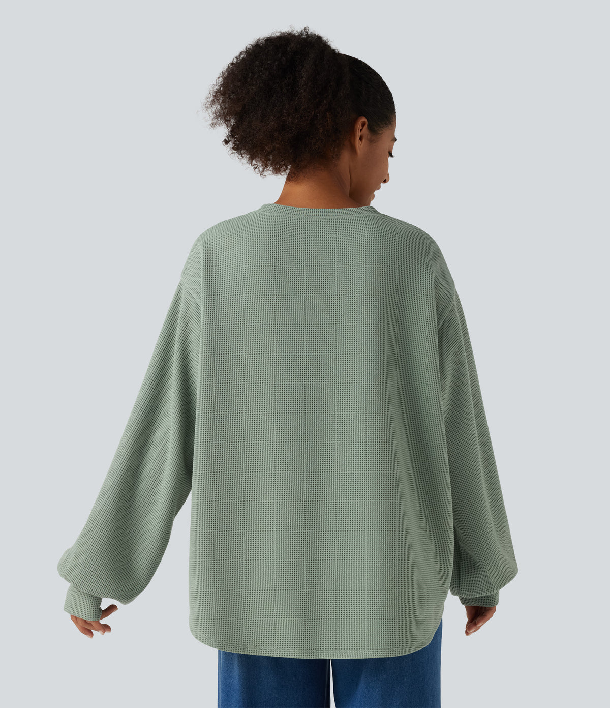 Round Neck Dropped Puff Long Sleeve Waffle Casual Top — Delicate Green — view 2