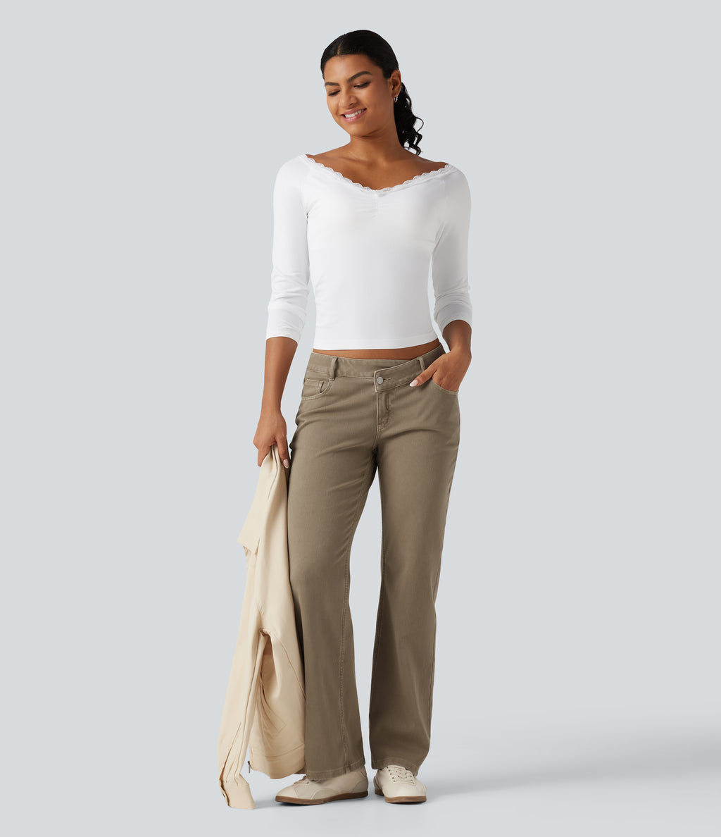 Low Rise Asymmetric Straight Leg Colorful Casual Jeans with Pockets — Yellow Bean Denim — view 7