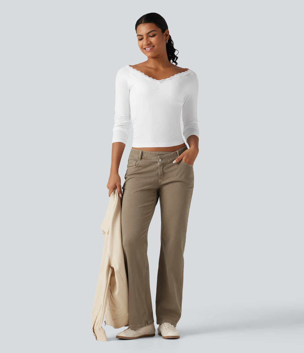 Low Rise Asymmetric Straight Leg Colorful Casual Jeans with Pockets — Yellow Bean Denim — view 7
