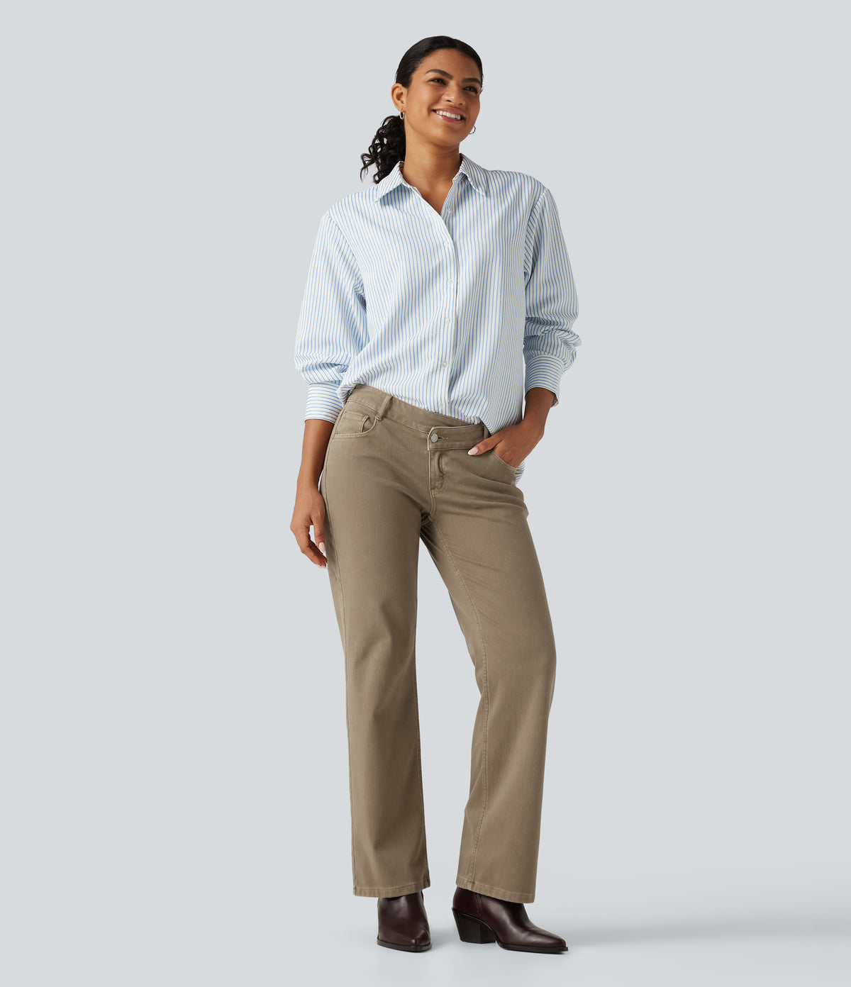 Low Rise Asymmetric Straight Leg Colorful Casual Jeans with Pockets — Yellow Bean Denim — view 8