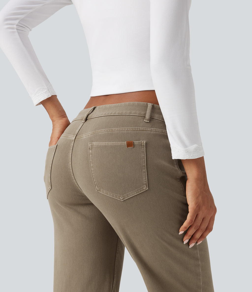 Low Rise Asymmetric Straight Leg Colorful Casual Jeans with Pockets — Yellow Bean Denim — view 5