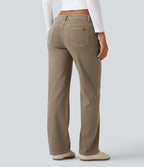 Low Rise Asymmetric Straight Leg Colorful Casual Jeans with Pockets — Yellow Bean Denim — view 2