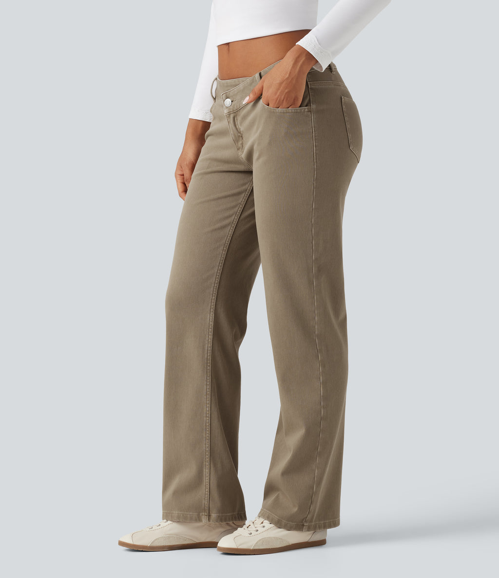 Low Rise Asymmetric Straight Leg Colorful Casual Jeans with Pockets — Yellow Bean Denim — view 3