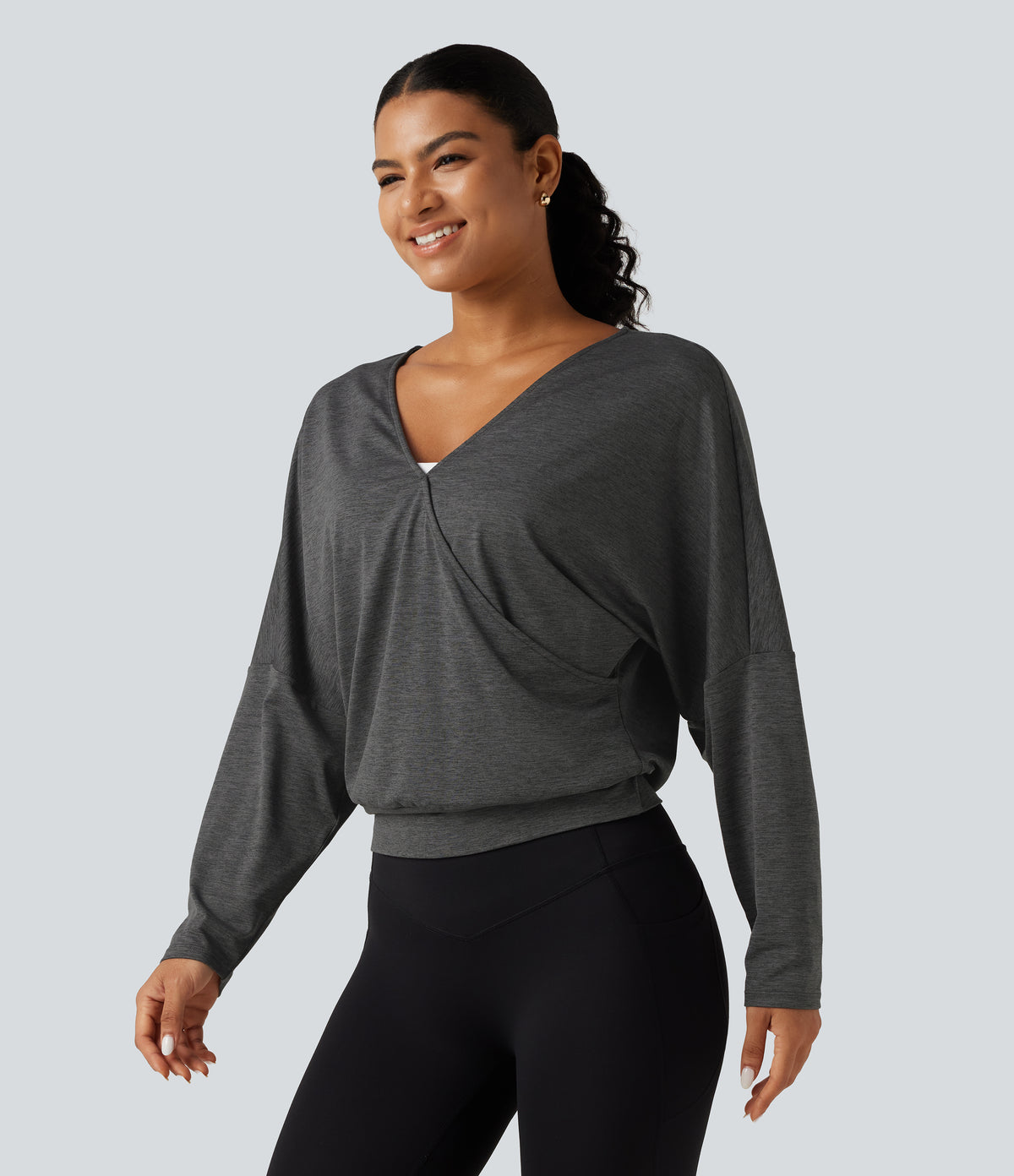 Deep V Neck Dropped Long Sleeve Quick Dry Yoga Sports Top — Dusky Charcoal — view 3