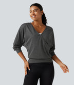 Deep V Neck Dropped Long Sleeve Quick Dry Yoga Sports Top — Dusky Charcoal — view 4