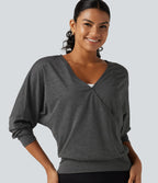 Deep V Neck Dropped Long Sleeve Quick Dry Yoga Sports Top — Dusky Charcoal — view 1
