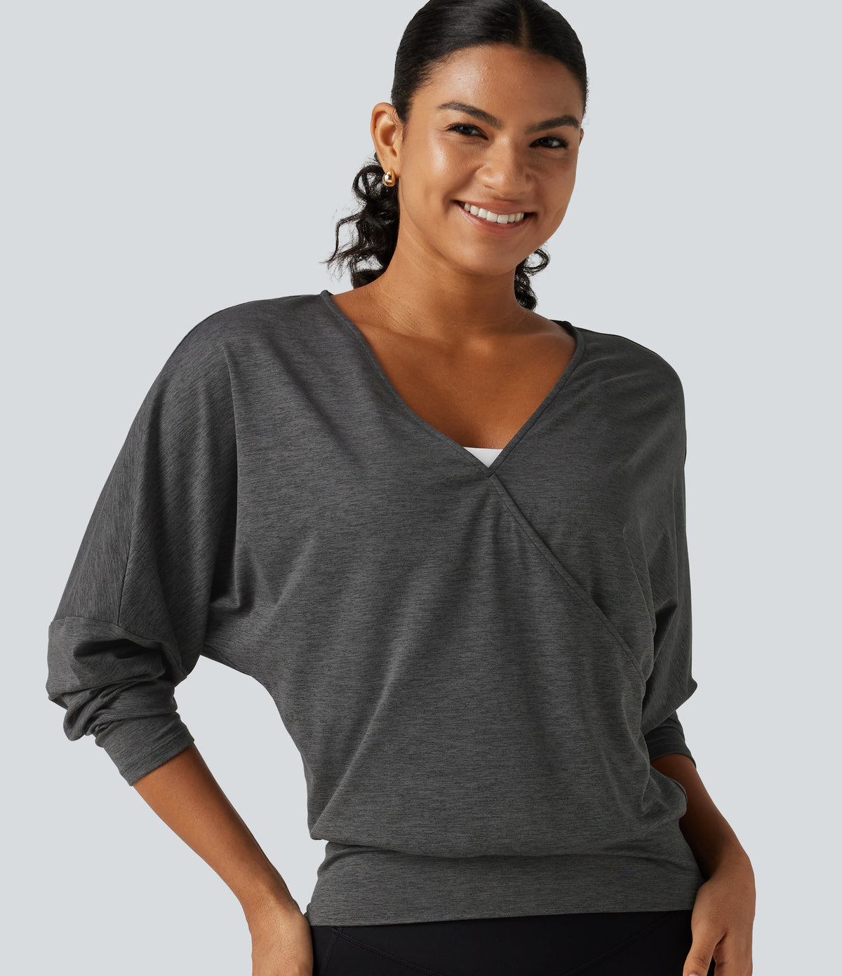 Deep V Neck Dropped Long Sleeve Quick Dry Yoga Sports Top — Dusky Charcoal — view 1