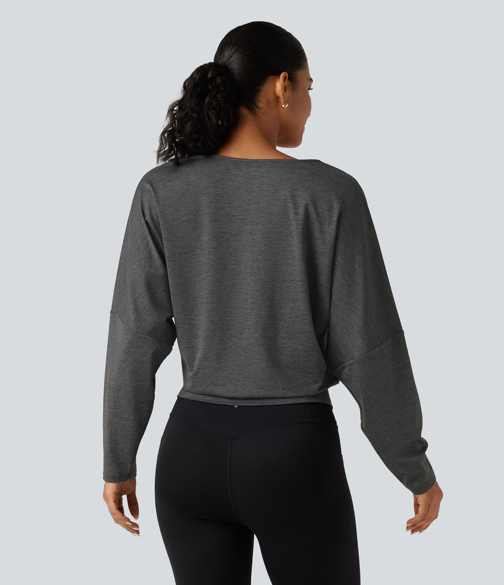 Deep V Neck Dropped Long Sleeve Quick Dry Yoga Sports Top — Dusky Charcoal — view 2