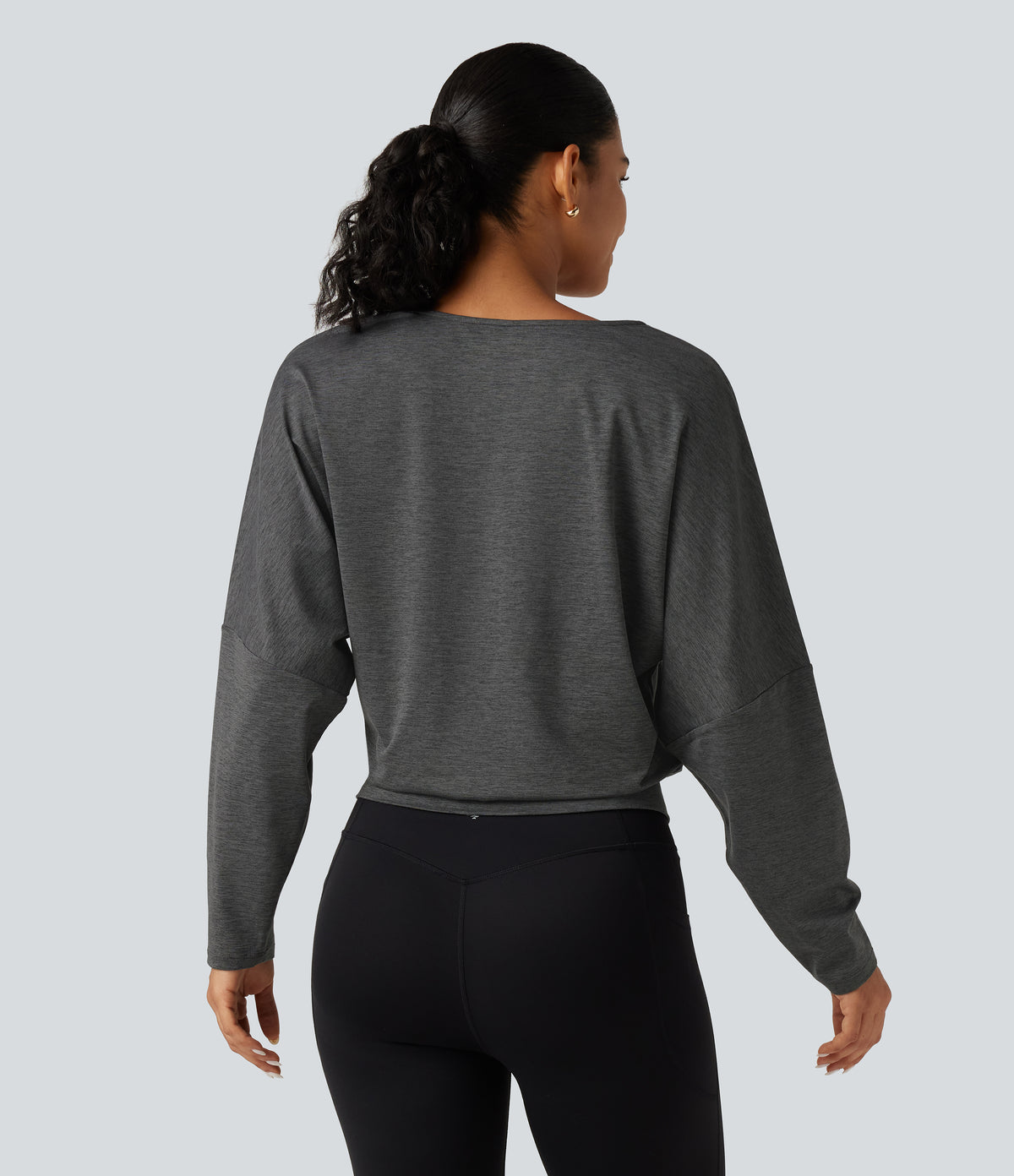 Deep V Neck Dropped Long Sleeve Quick Dry Yoga Sports Top — Dusky Charcoal — view 2