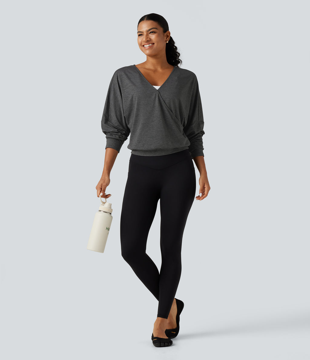 Deep V Neck Dropped Long Sleeve Quick Dry Yoga Sports Top — Dusky Charcoal — view 6
