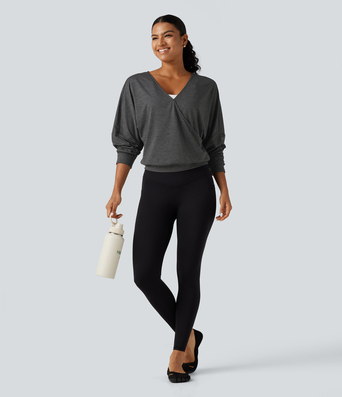 Deep V Neck Dropped Long Sleeve Quick Dry Yoga Sports Top — Dusky Charcoal — view 6