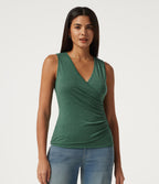 V Neck Ruched Asymmetric Heathered Casual Tank Top — Dark Green Floral Yarn — view 3
