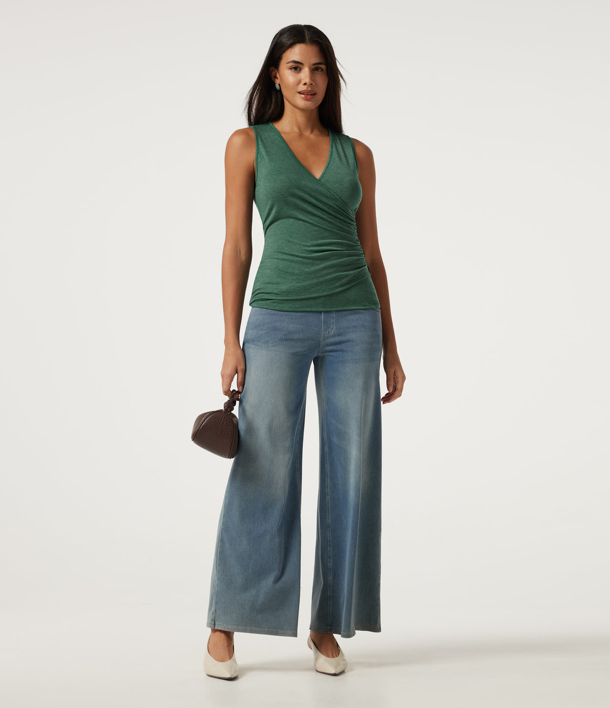 V Neck Ruched Asymmetric Heathered Casual Tank Top — Dark Green Floral Yarn — view 6