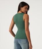 V Neck Ruched Asymmetric Heathered Casual Tank Top — Dark Green Floral Yarn — view 2