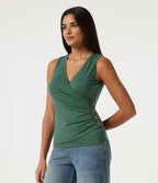 V Neck Ruched Asymmetric Heathered Casual Tank Top — Dark Green Floral Yarn — view 4