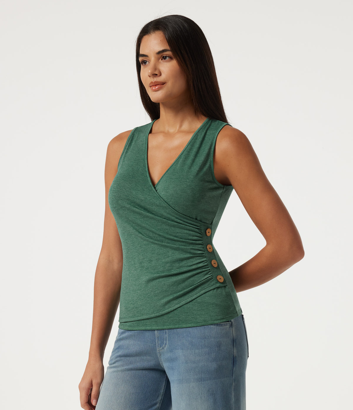 V Neck Ruched Asymmetric Heathered Casual Tank Top — Dark Green Floral Yarn — view 4