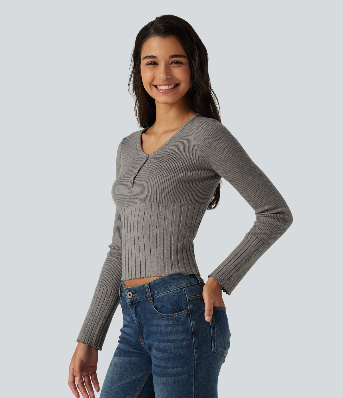 V Neck Long Sleeve Casual Jumper — Silent Storm — view 3