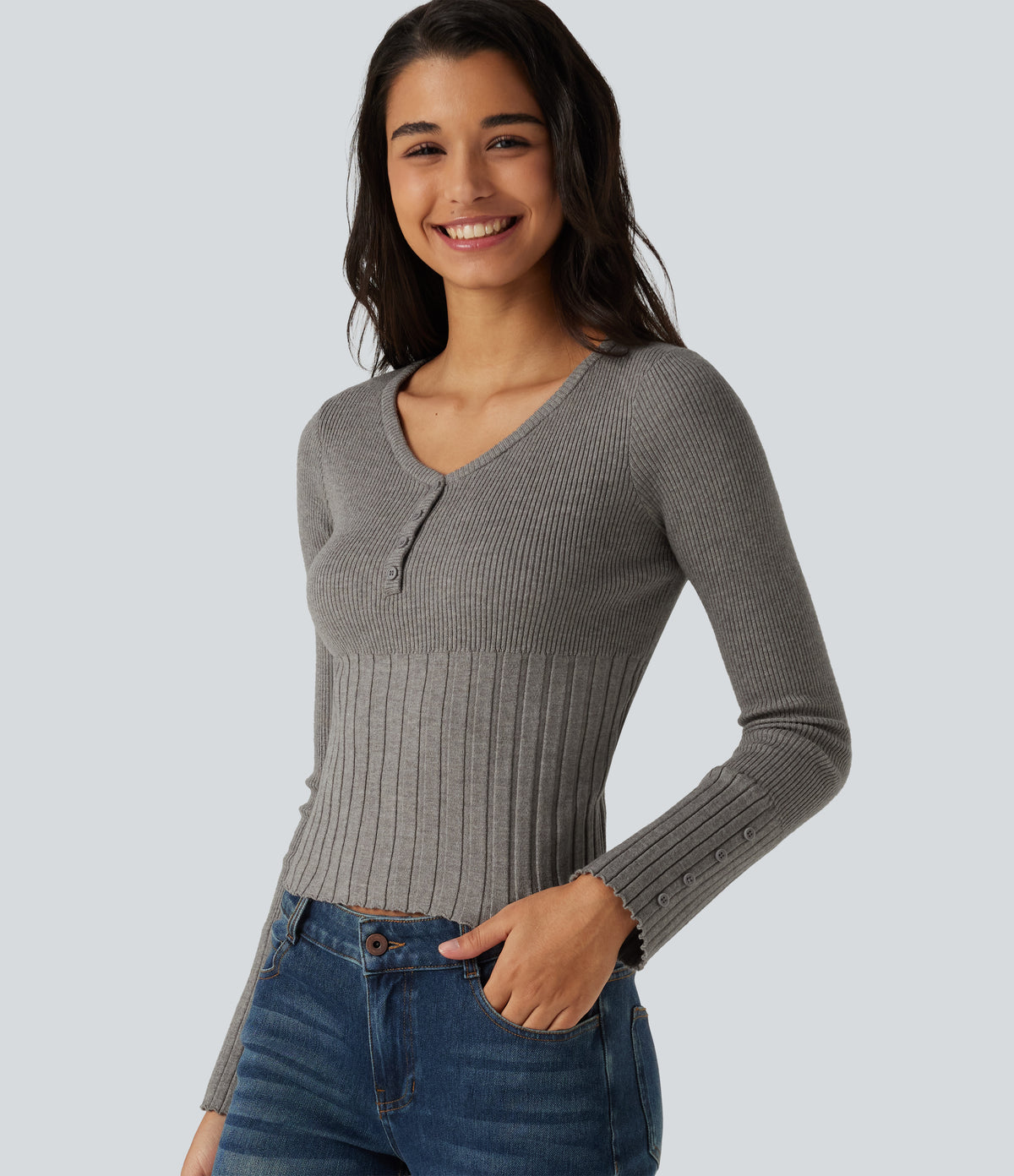V Neck Long Sleeve Casual Jumper — Silent Storm — view 1