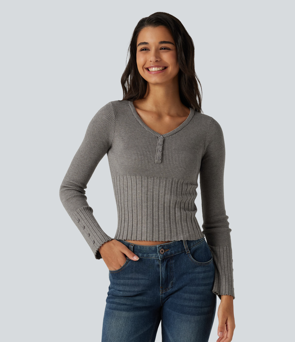 V Neck Long Sleeve Casual Jumper — Silent Storm — view 4