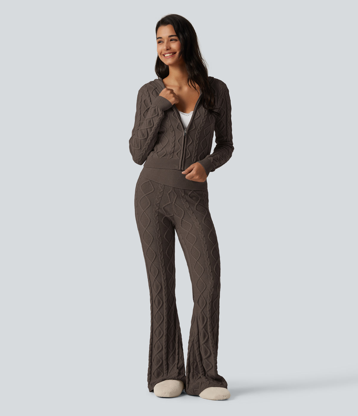 High Waisted Foldover Bootcut Lounging Sweater Trousers — Coffee Liqueúr — view 7