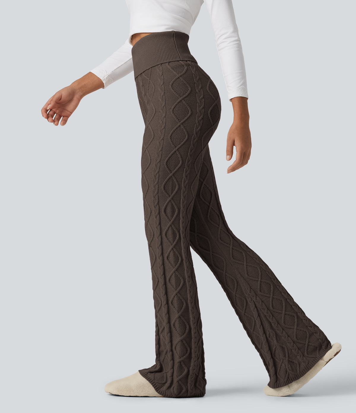 High Waisted Foldover Bootcut Lounging Sweater Trousers — Coffee Liqueúr — view 3