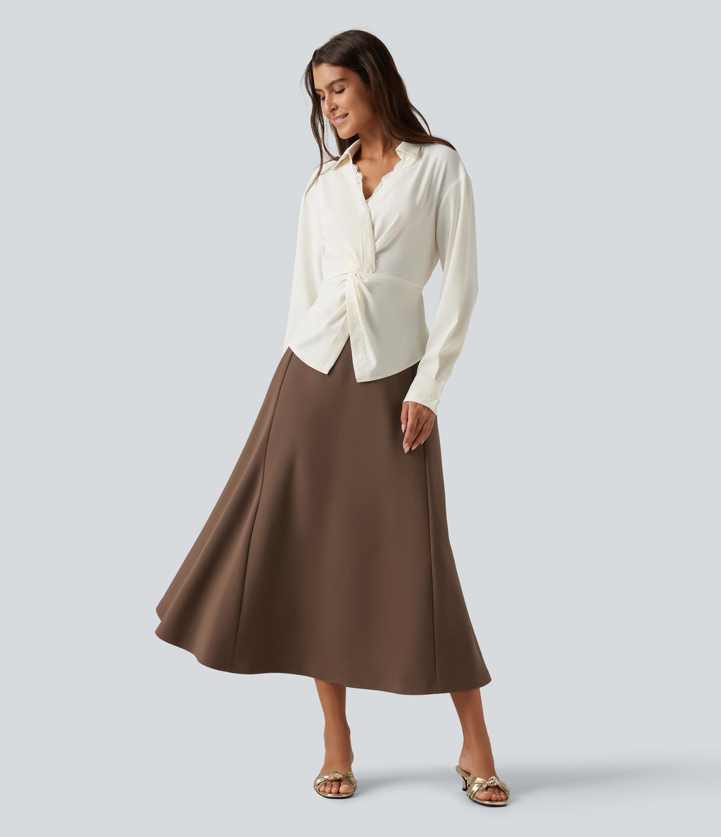 High Waisted A-Line Midi Work Skirt — Thick Earthy Brown — view 7