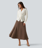 High Waisted A-Line Midi Work Skirt — Thick Earthy Brown — view 7