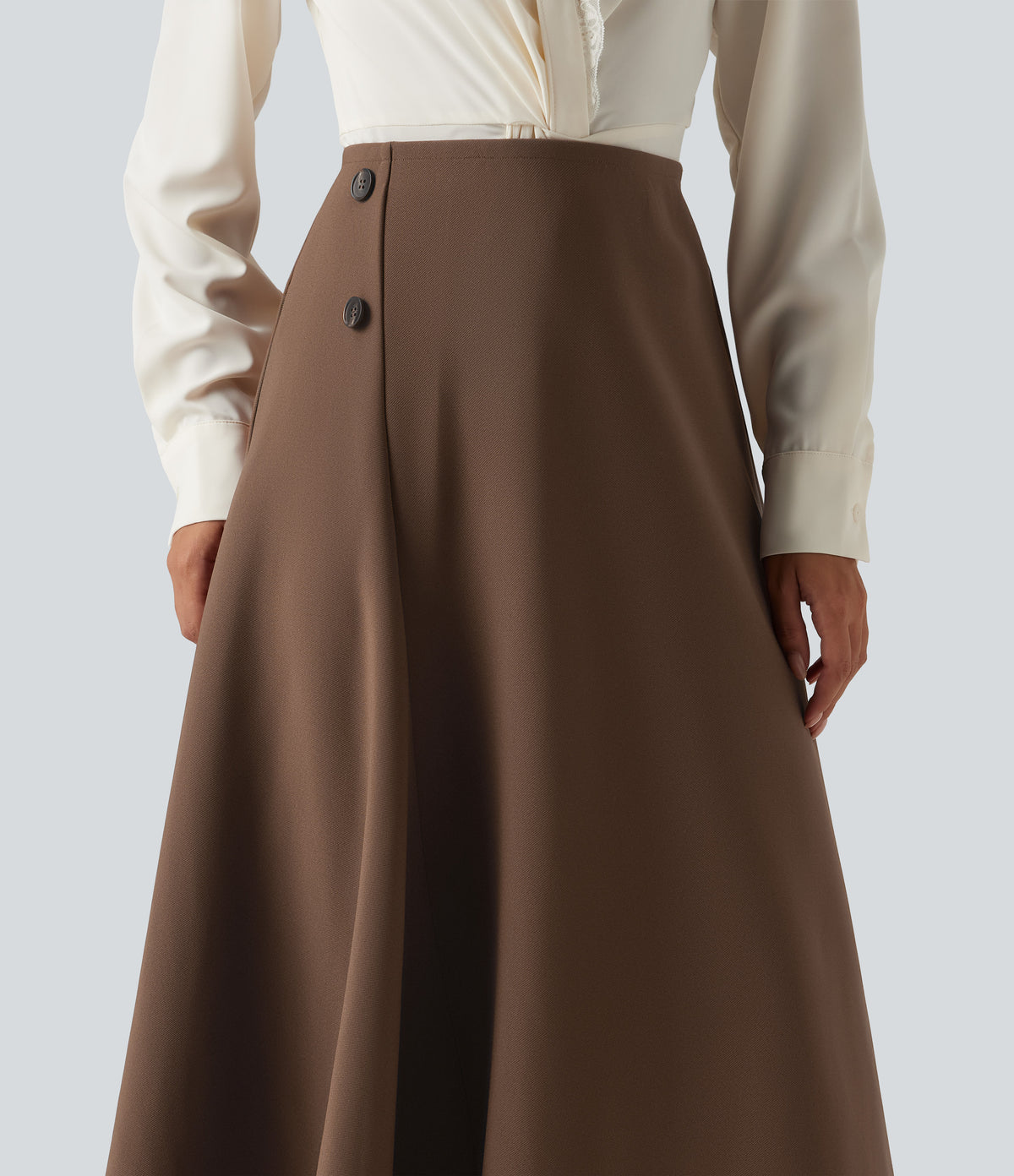 High Waisted A-Line Midi Work Skirt — Thick Earthy Brown — view 4