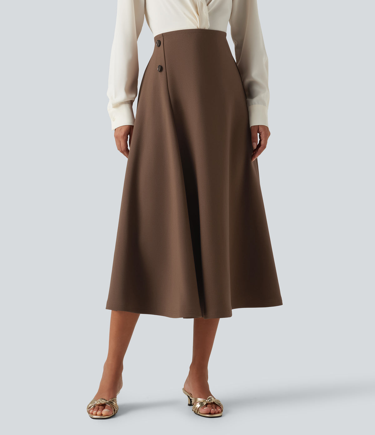 High Waisted A-Line Midi Work Skirt — Thick Earthy Brown — view 1