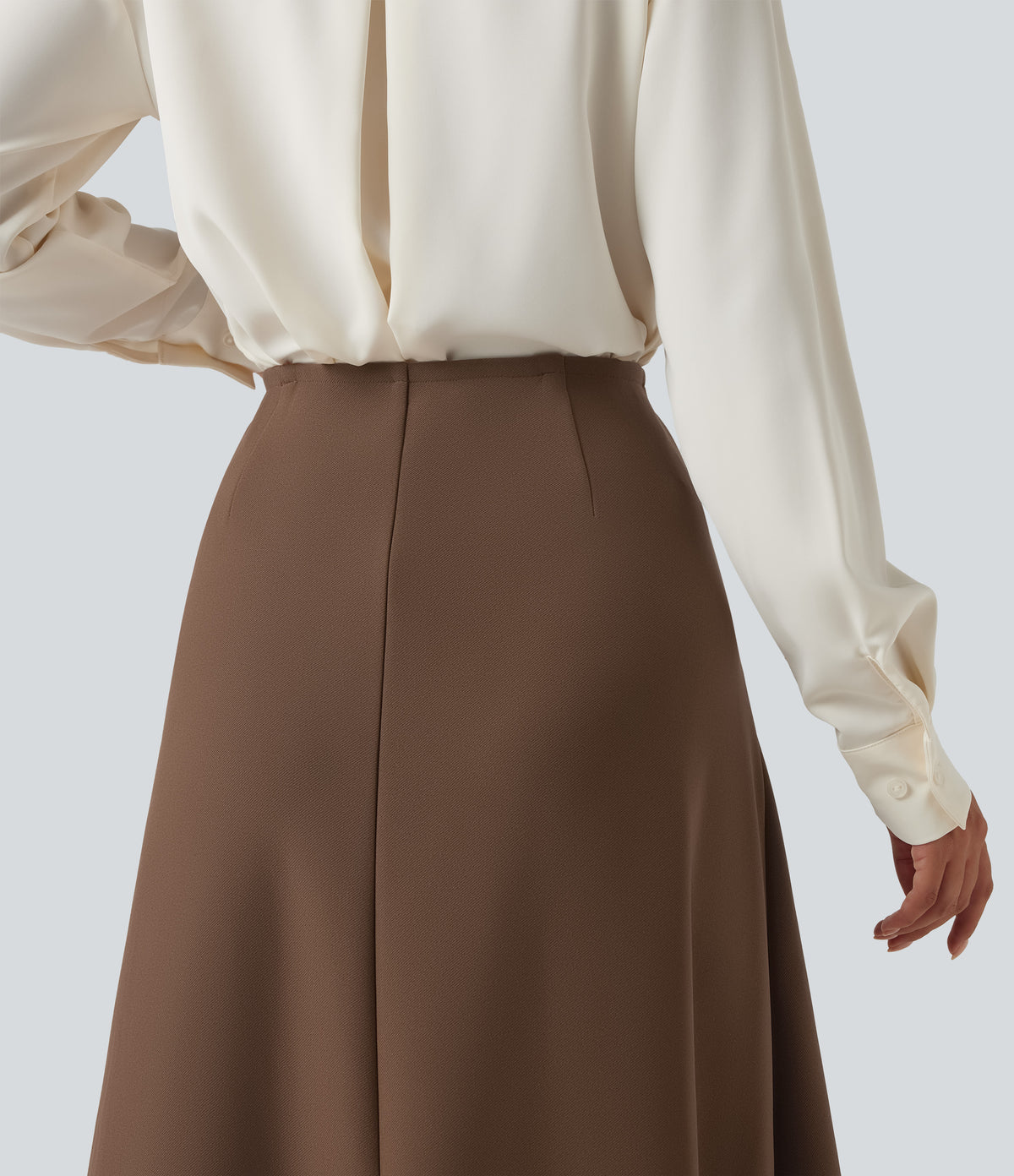 High Waisted A-Line Midi Work Skirt — Thick Earthy Brown — view 5