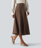 High Waisted A-Line Midi Work Skirt — Thick Earthy Brown — view 3