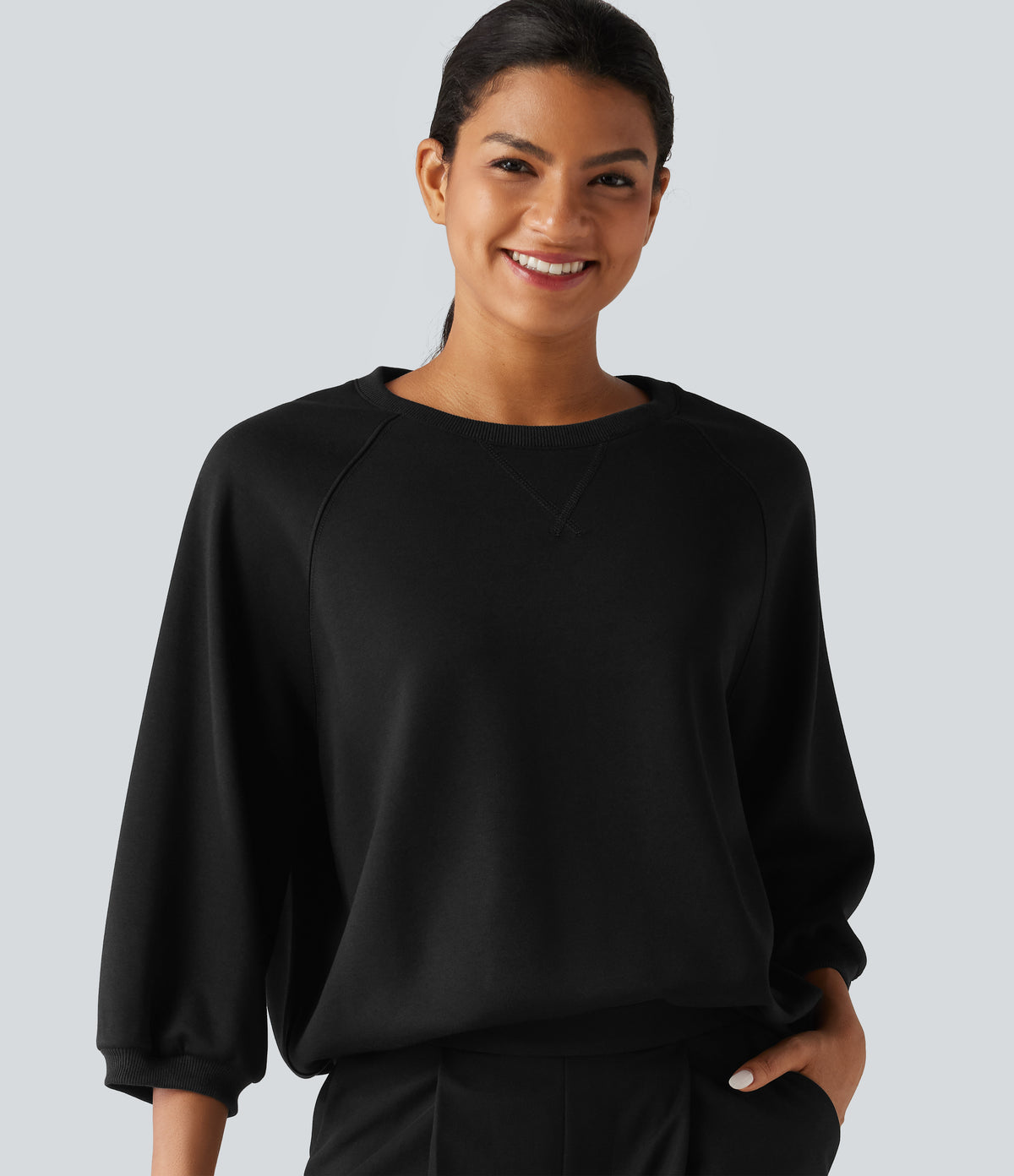 Round Neck Raglan Long Sleeve Casual Sweatshirt — Black — view 6