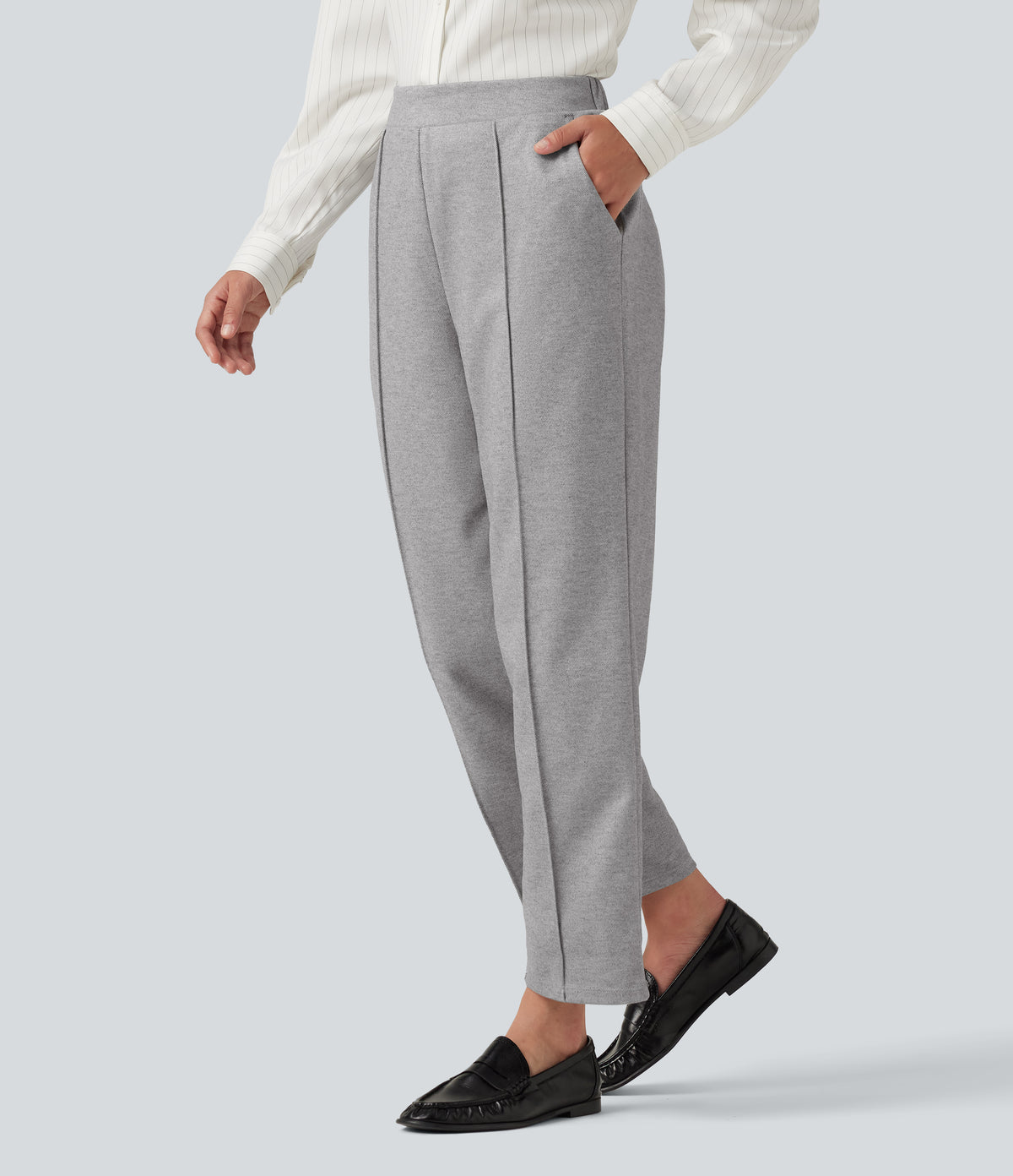 High Waisted Pintuck Tapered Work Trousers with Pockets — Drizzle Grey — view 3