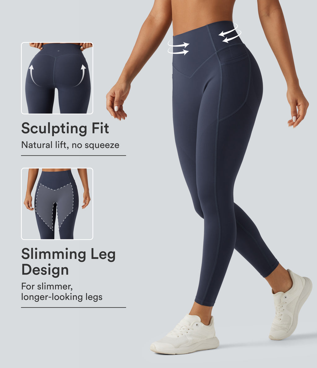 High Waisted Tummy Control Butt Lifting Yoga Leggings with Pockets — Mood Indigo — view 1