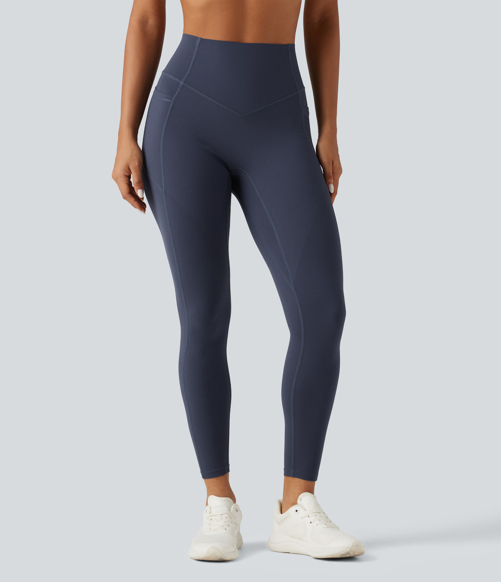 High Waisted Tummy Control Butt Lifting Yoga Leggings with Pockets — Mood Indigo — view 3