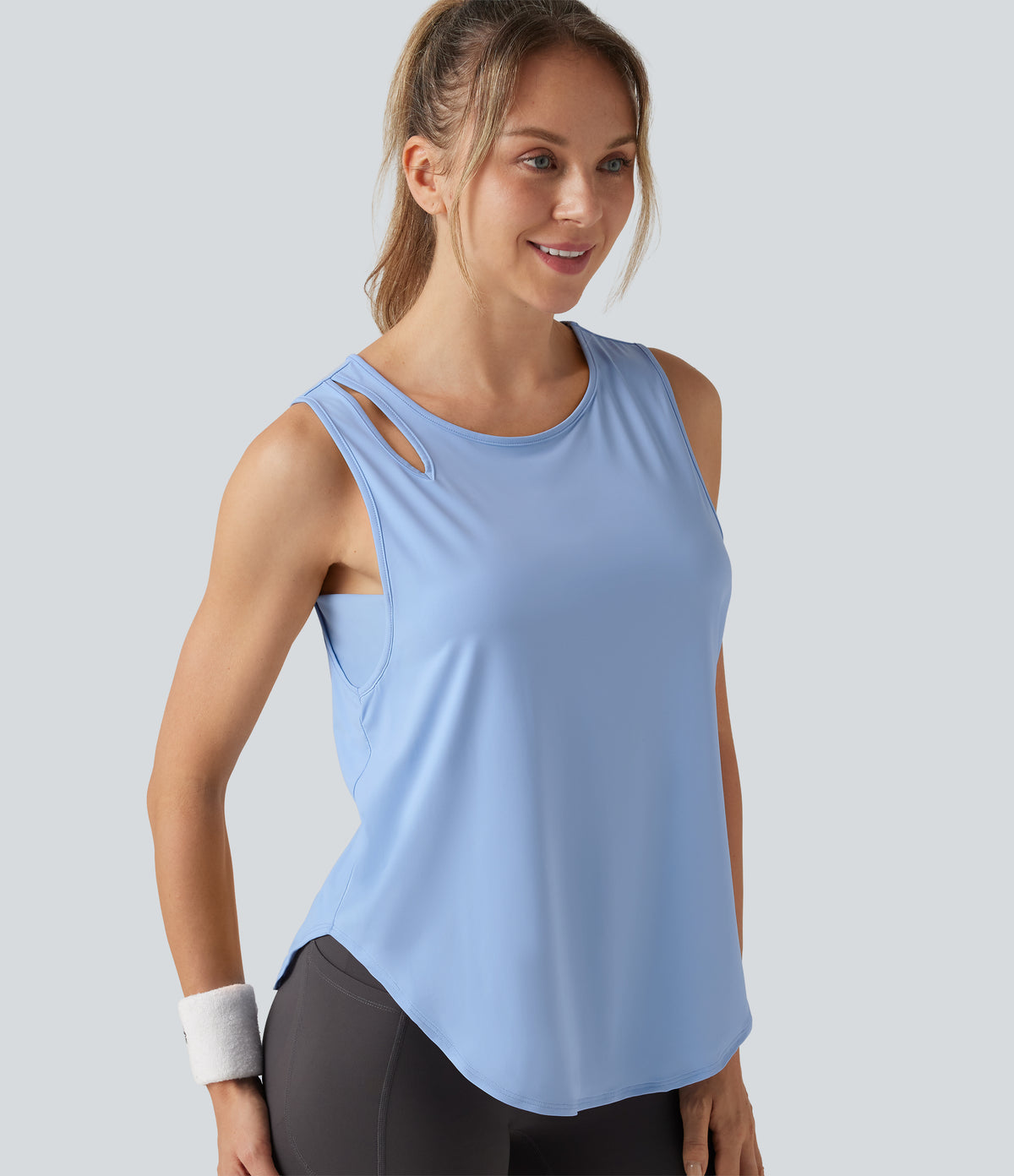 Round Neck Cut Out Curved Hem InstantCool Running Tank Top-UPF50+ — Sky Blue — view 1