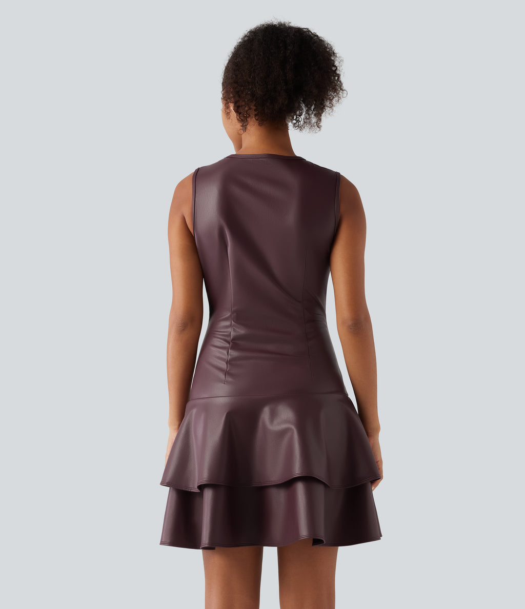 Round Neck Sleeveless Asymmetric Ruffle Hem A Line Mini Fleece Casual PU Leather Dress — Windsor Wine — view 2
