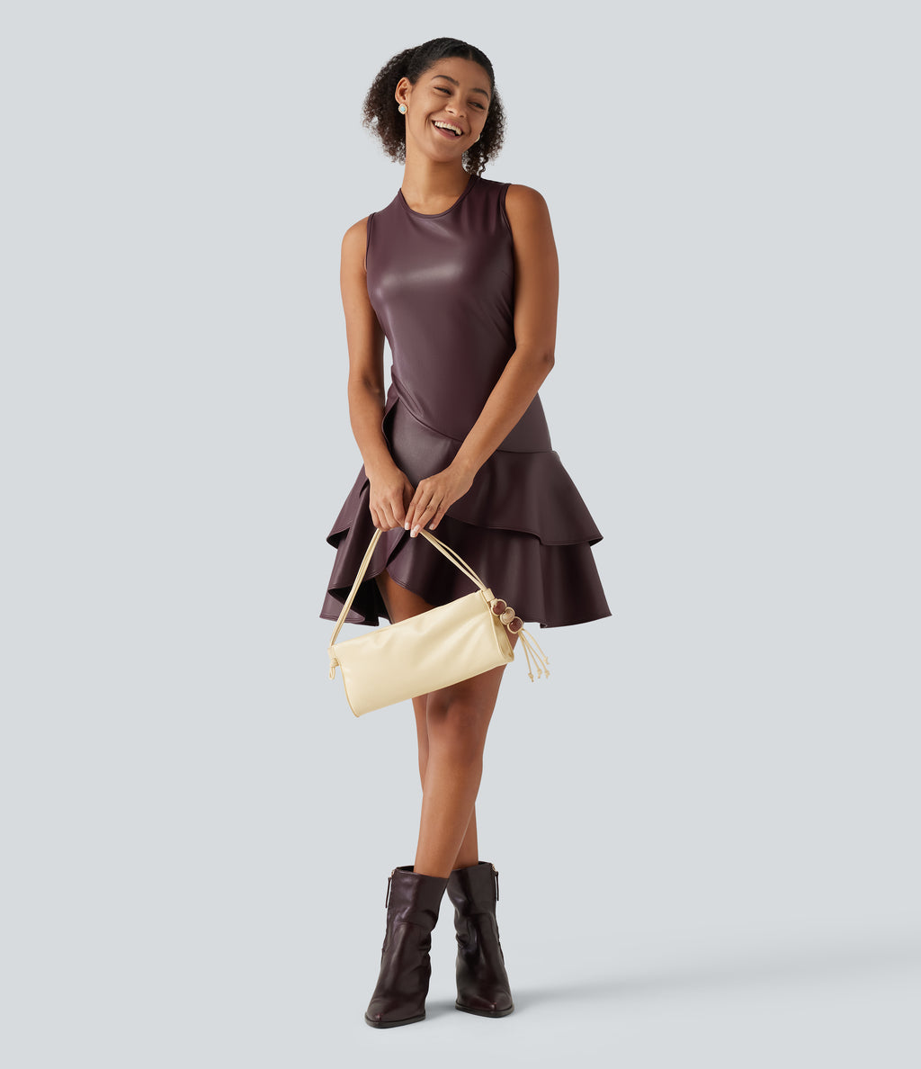Round Neck Sleeveless Asymmetric Ruffle Hem A Line Mini Fleece Casual PU Leather Dress — Windsor Wine — view 6